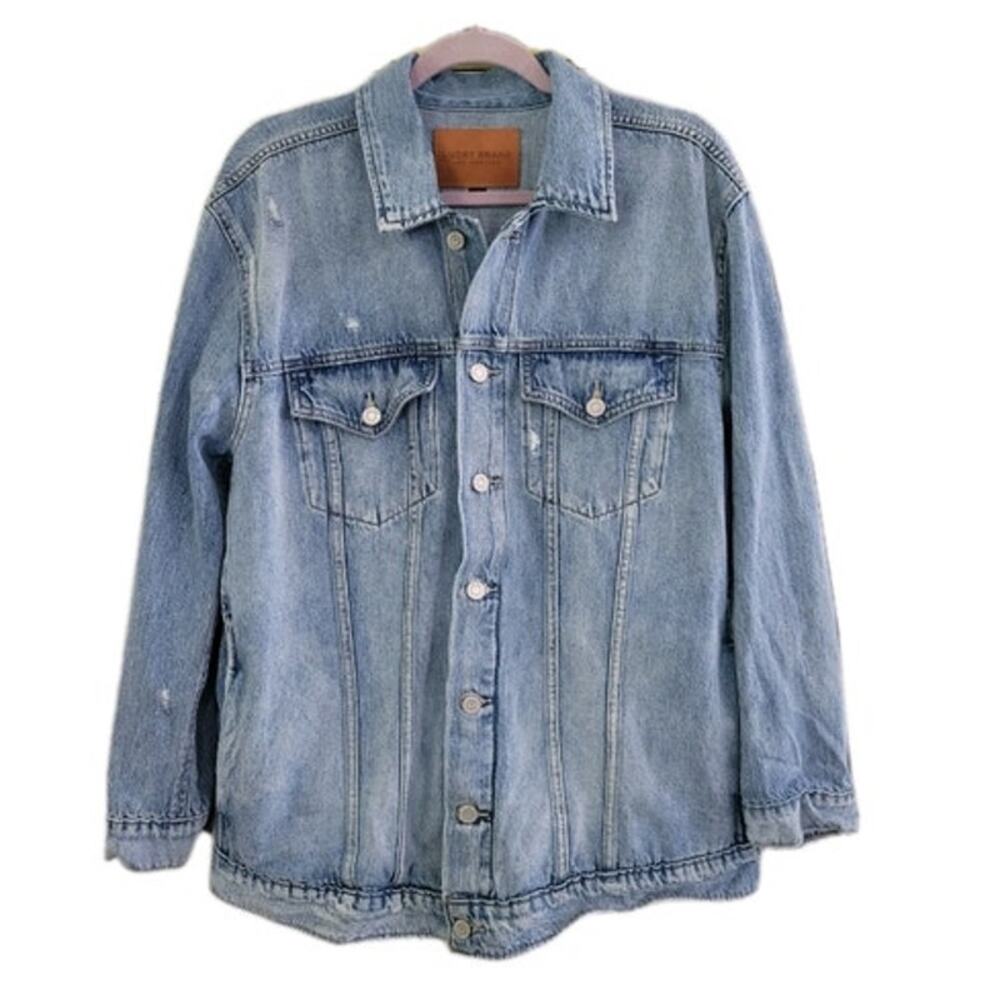 Lucky Brand Denim Trucker Jacket Size Large Unisex Blue 100% Cotton Distressing‎